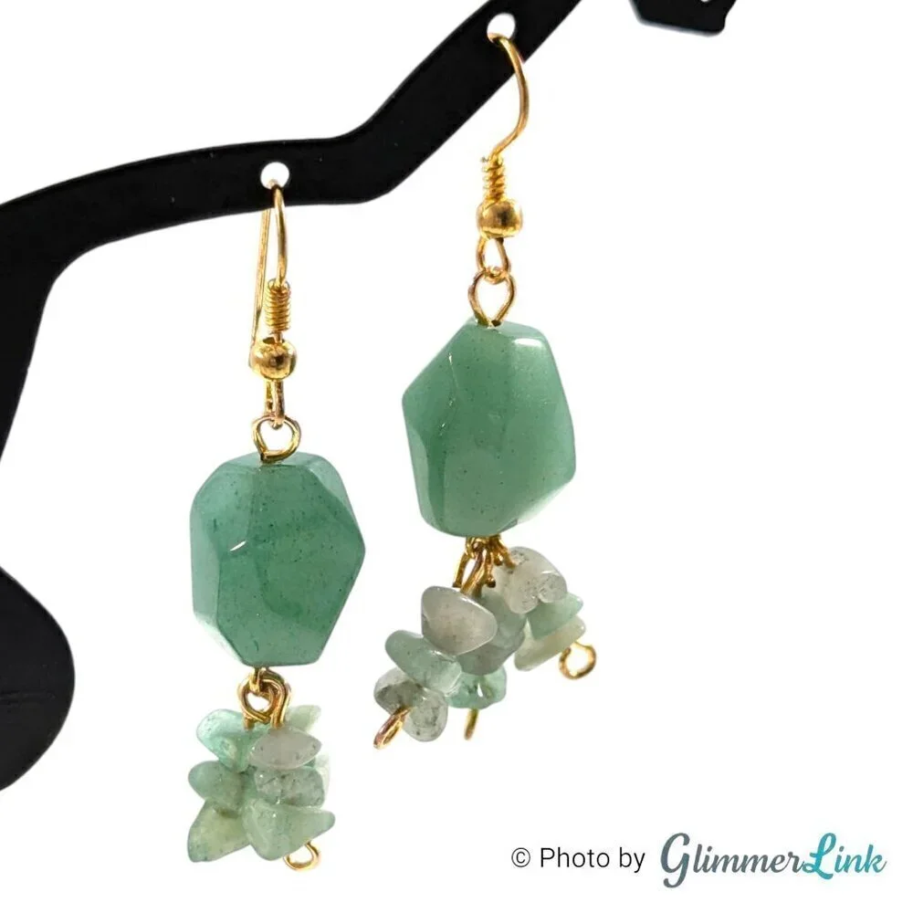 Aventurine Stone Chip Nugget Dangle Earrings & Wrap Around Bracelet Jewelry Set